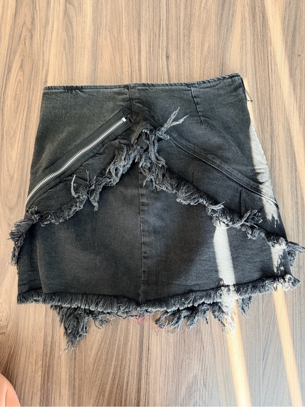 Signature8 Black Distressed Denim Mini Skirt with Asymmetrical Frayed Hem